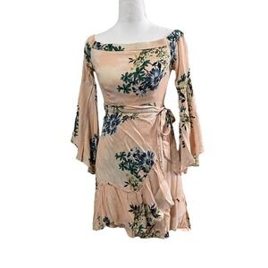 ASTR the Label Pink Floral Off the Shoulder Bell Sleeve Wrap Mini Dress